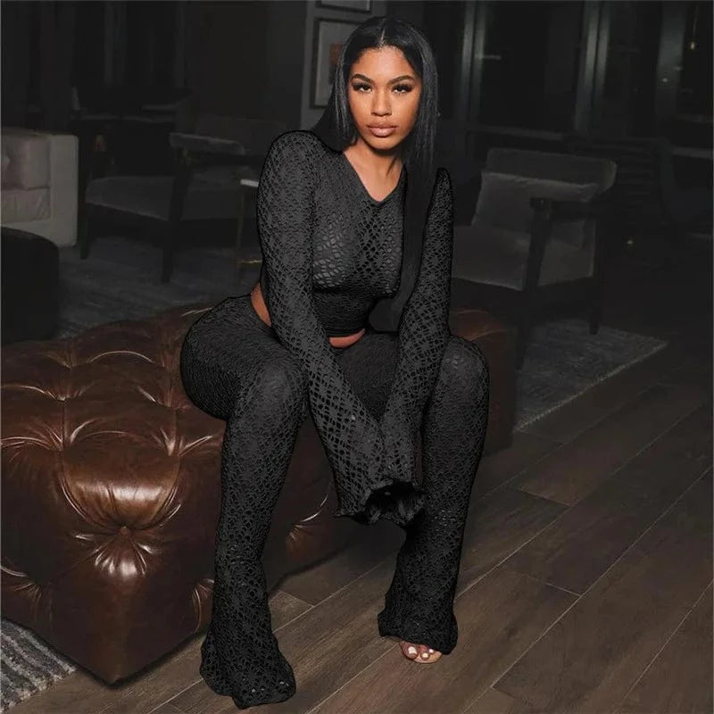 S / Black Fashion Women's Clothing See Through Flare Pants 2 Piece Set Casual Outfits for Woman Navel Two Pieces Set