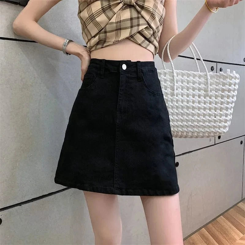 S / Black Fashion women zipper denim mini skirt summer high waist A-line female blue jeans casual Korean high quality mujer jeans skirt