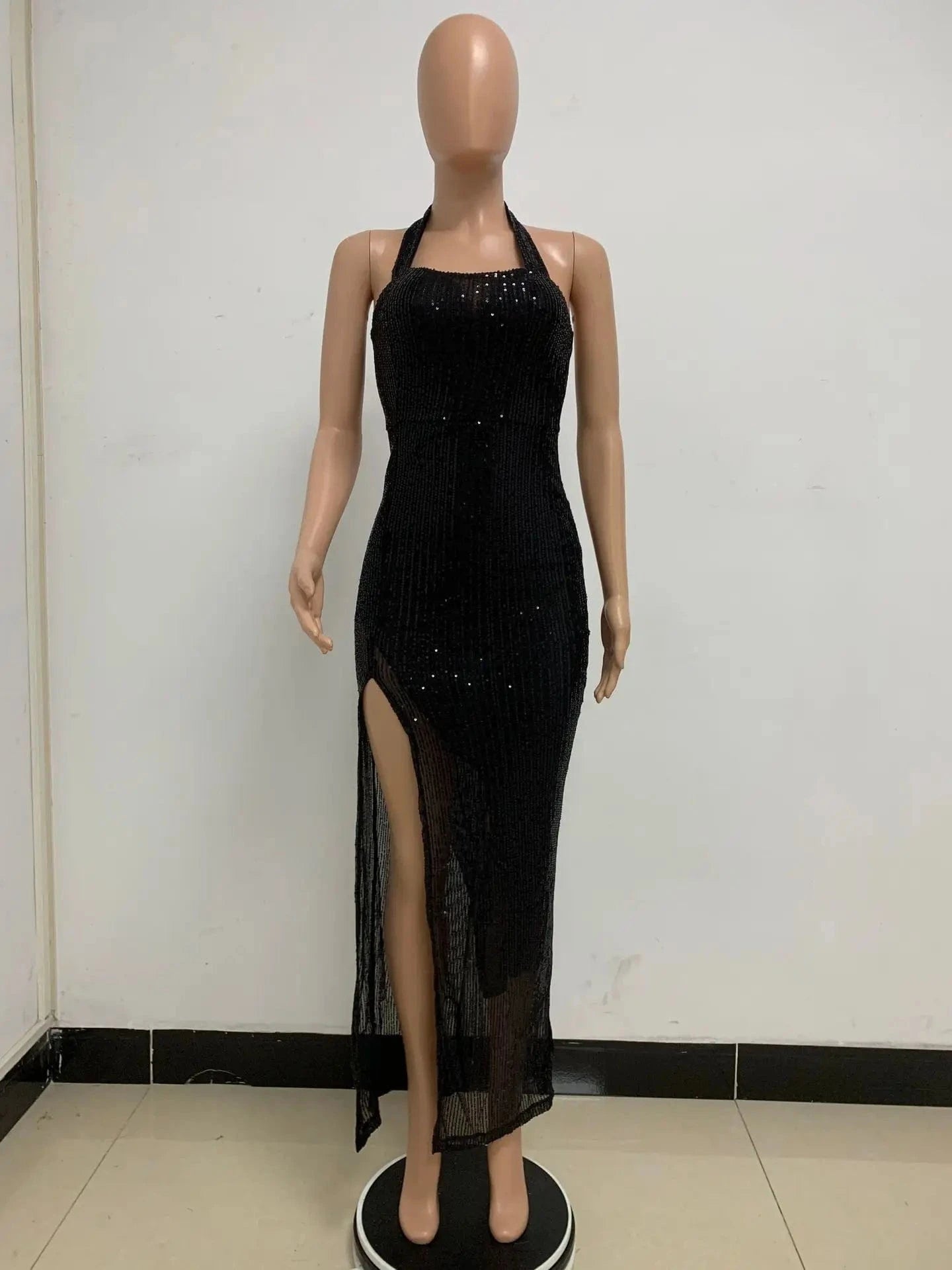 S / Black Glitter halter sleeveless backless split sliver gold black sexy prom lady maxi elegant party sequined evening dresses for women