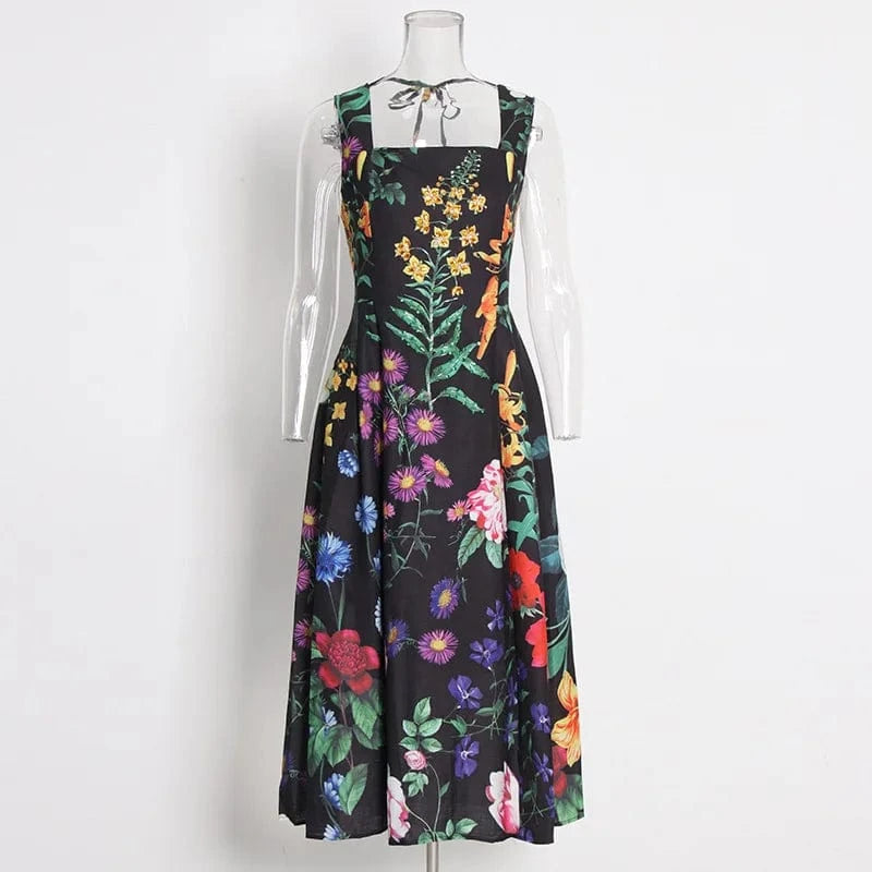 S / Black GX0222 Fashion Luxury Quality Women Square Neck Sleeveless A-line Long Dresses Embroidered Beads Printed Elegant Casual Dress