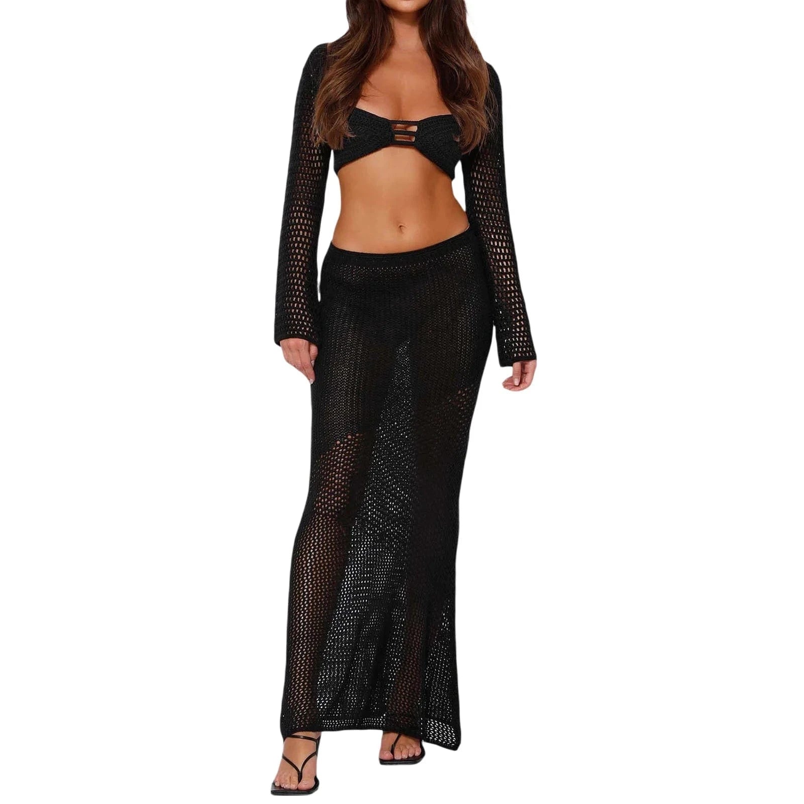 S / Black GX20842 New 2024 Summer Unique Women Sexy Beach Wear Knitted See Through Outfit Long Sleeve Tank Top and Maxi Skirt 2 Piece Set