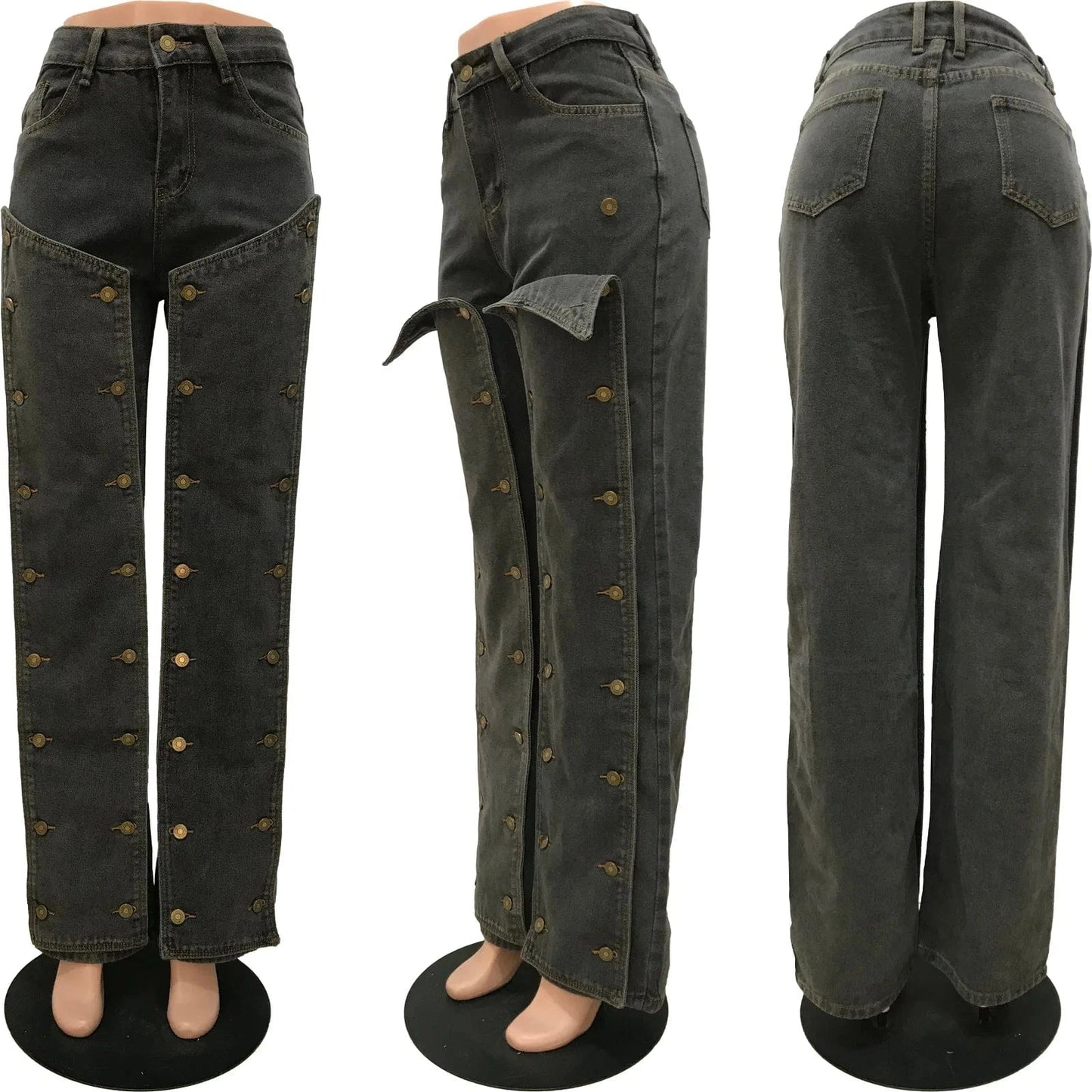 S / Black High Waist Button Design Straight Leg Denim Jeans