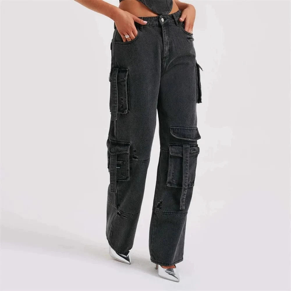 S / Black High Waist Wide Leg Cargo Denim Jeans for Women