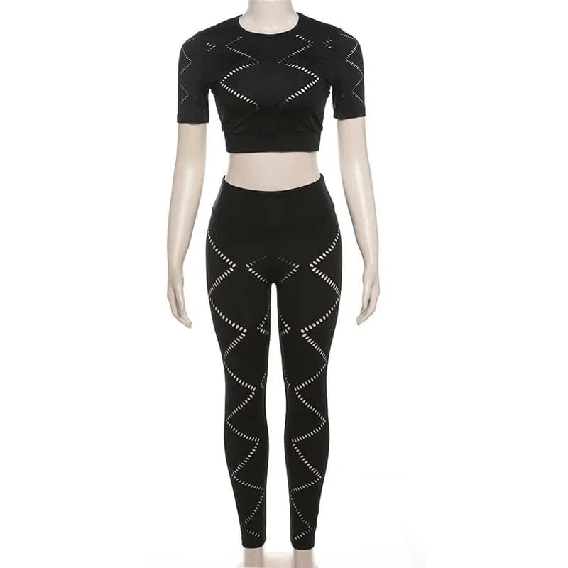 S / Black K23s40510 2024 Spring Women's Set Short Sleeve Cut Out Burnout Crop Top Maxi Skinny Sexy Pants 2 Piece Set For Women Lady