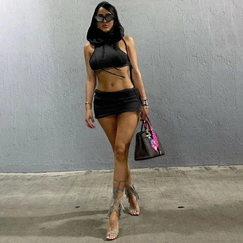 S / Black Knit Club Wear Skirt Sets 2 Pieces Outfits Hooded Top Matching Skirt Crochet 2023