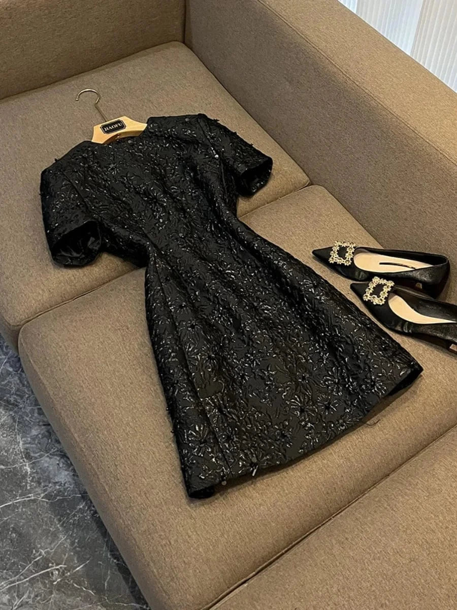 S / Black Lady Fine Workmanship Jacquard Casual Wear Short Sleeve O-neckline Shinny Sequins Women Mini Black Formal Dress