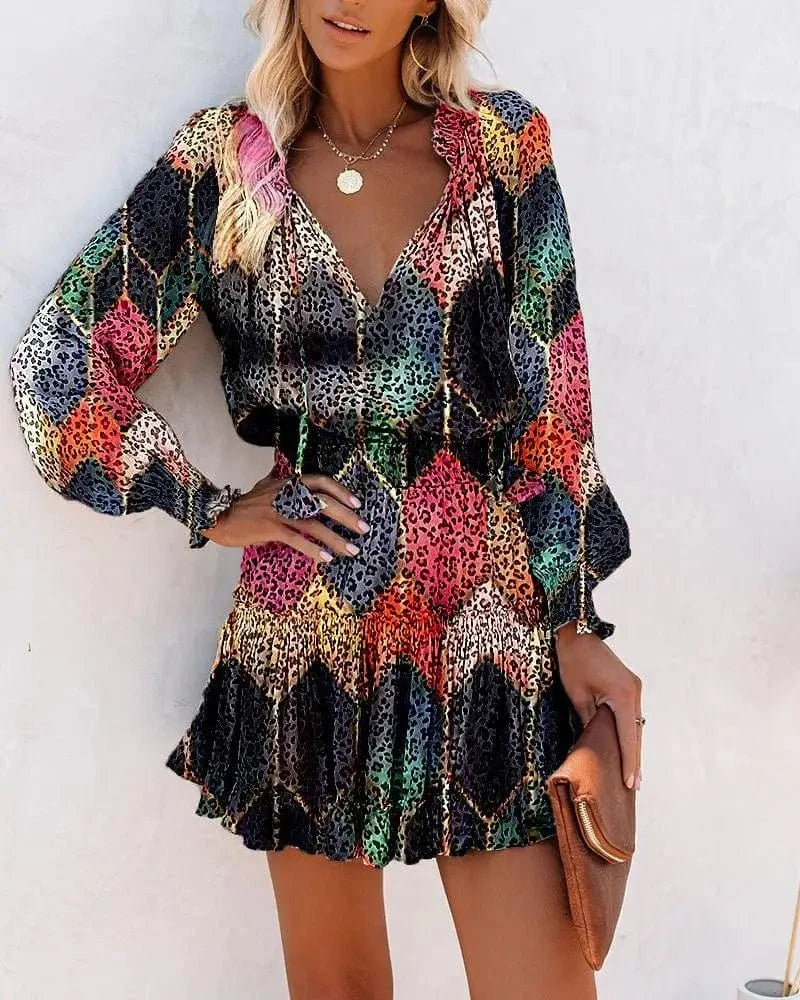 S / Black leopard print 2024 New European Women Summer Long Sleeve V-neck Dress Pencil Printed Tight Waist French Female Casual Dress