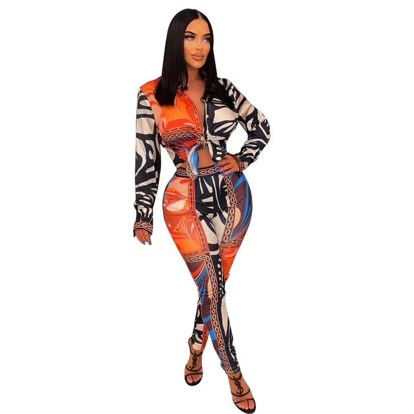 S / Black Liu Ming Autumn Wholesale Fashion 2024 New Product Print Sexy Two Piece Women Long Sleeve Crop Tops Leggings Pants Set