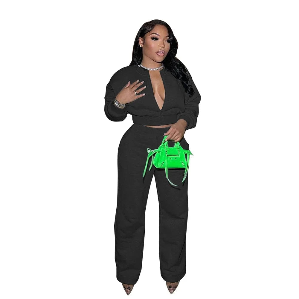 S / Black Liu Ming Fall Fashion Women Casual Zipper Long Sleeve Crop Tops Pants Two Piece Set