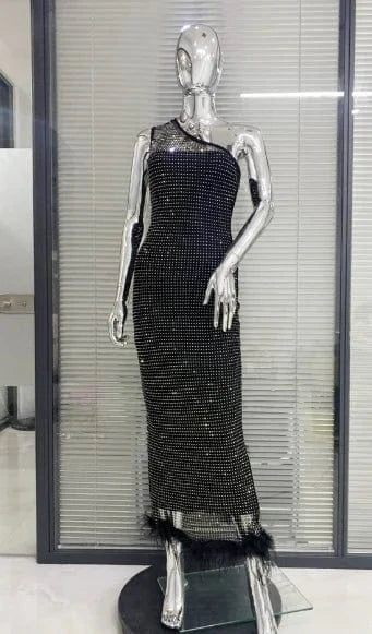 S / Black Liu Ming High End Luxury 2024 Trending Women Elegant Shining Rhinestone Birthday Party Feathers Evening Bodycon Maxi Dress