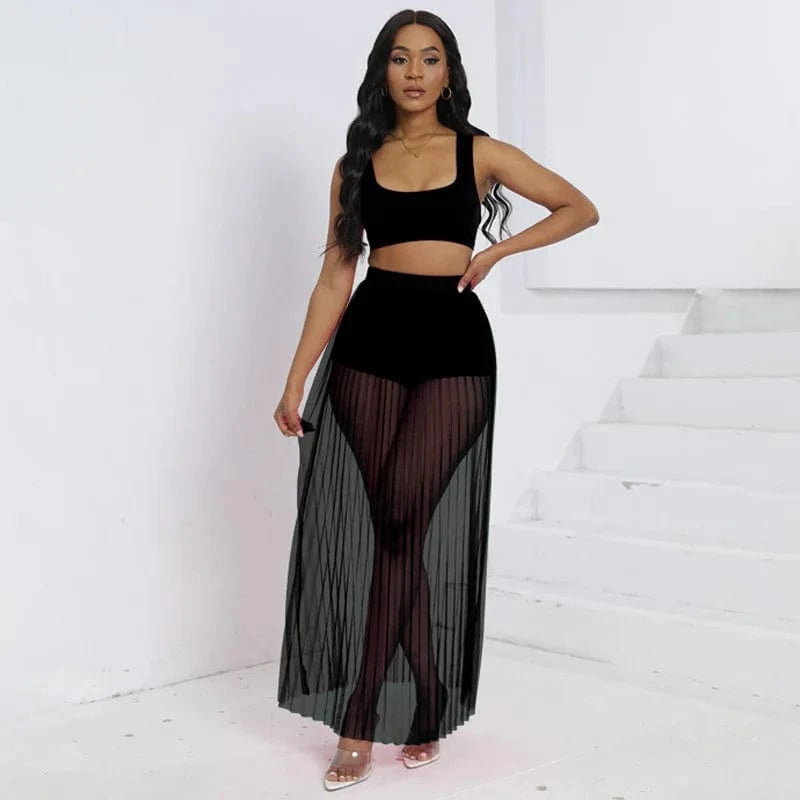S / Black Liu Ming March Expo 2024 Women Summer Beach Sheer Mesh Tank Tops And Shorts Sexy Skirts 3 Piece Set