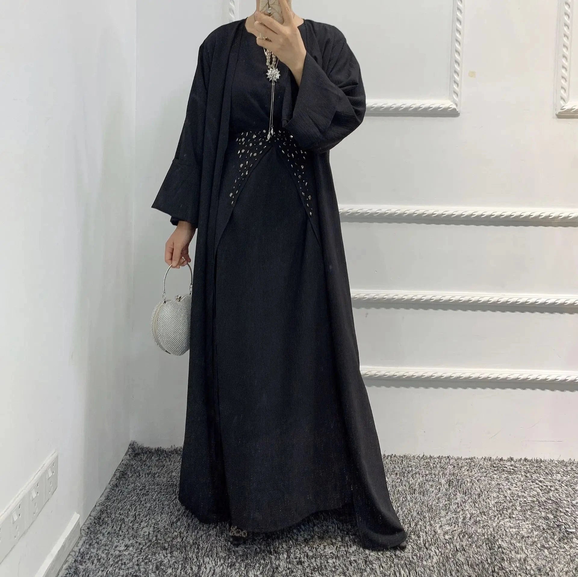 S / Black Luxury Bead Embroidery Mesh Abaya  Evening Dresses Dubai Islamic Clothing Muslim Dress
