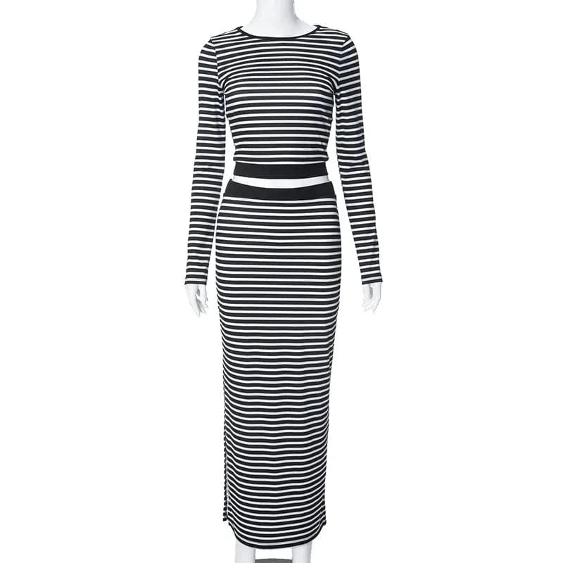S / Black M23st59 Fall Winter 2024 New Striped Print Backless Long Sleeve Crop Top And Split Skirt 2 Piece Set Bodycon Women's