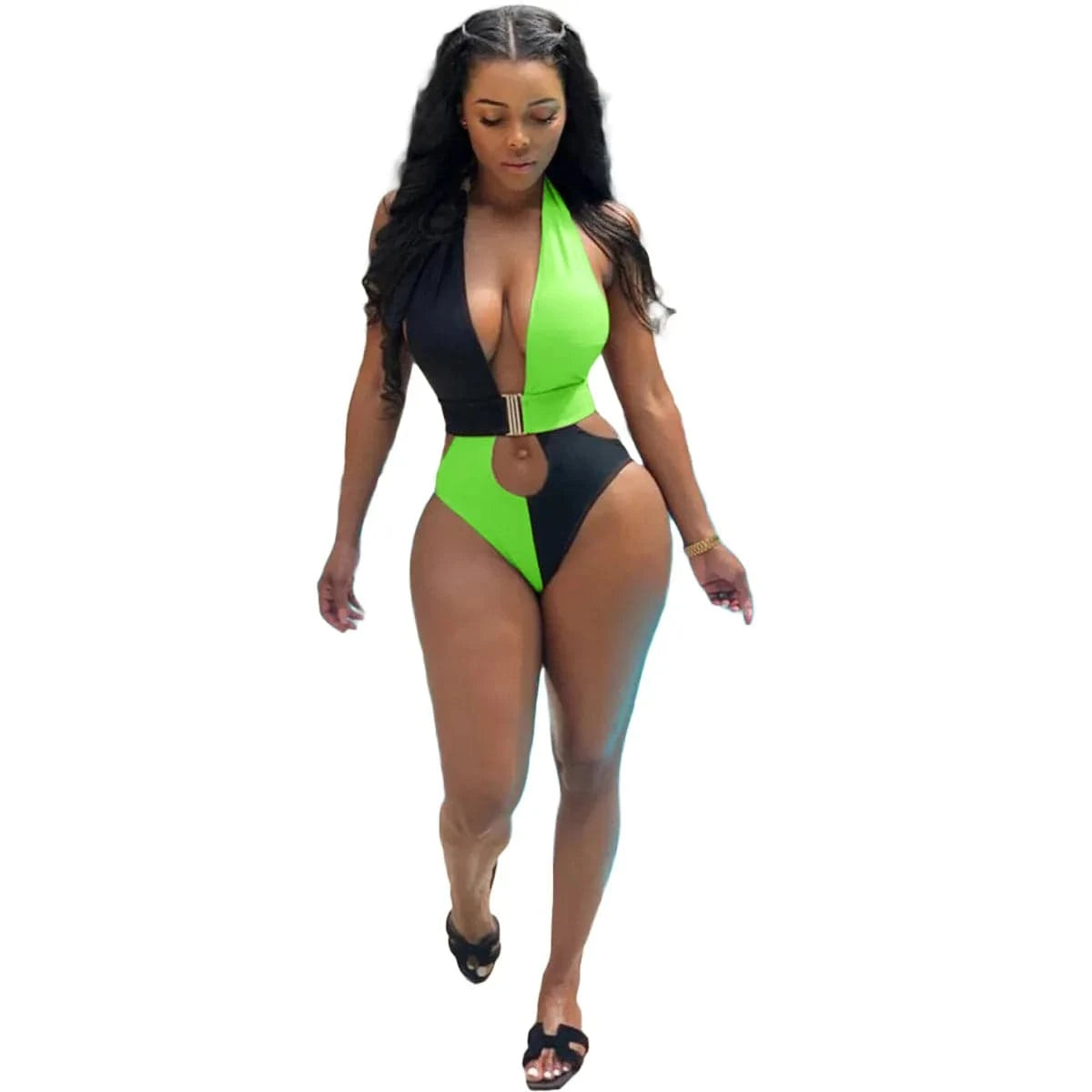 S / Black n Neon Green 2024 New Arrivals Pierced Halter Neck Colorblock Swimwear Bikini Women One Piece Hot Sexy Deep V-Neck Swimsuit