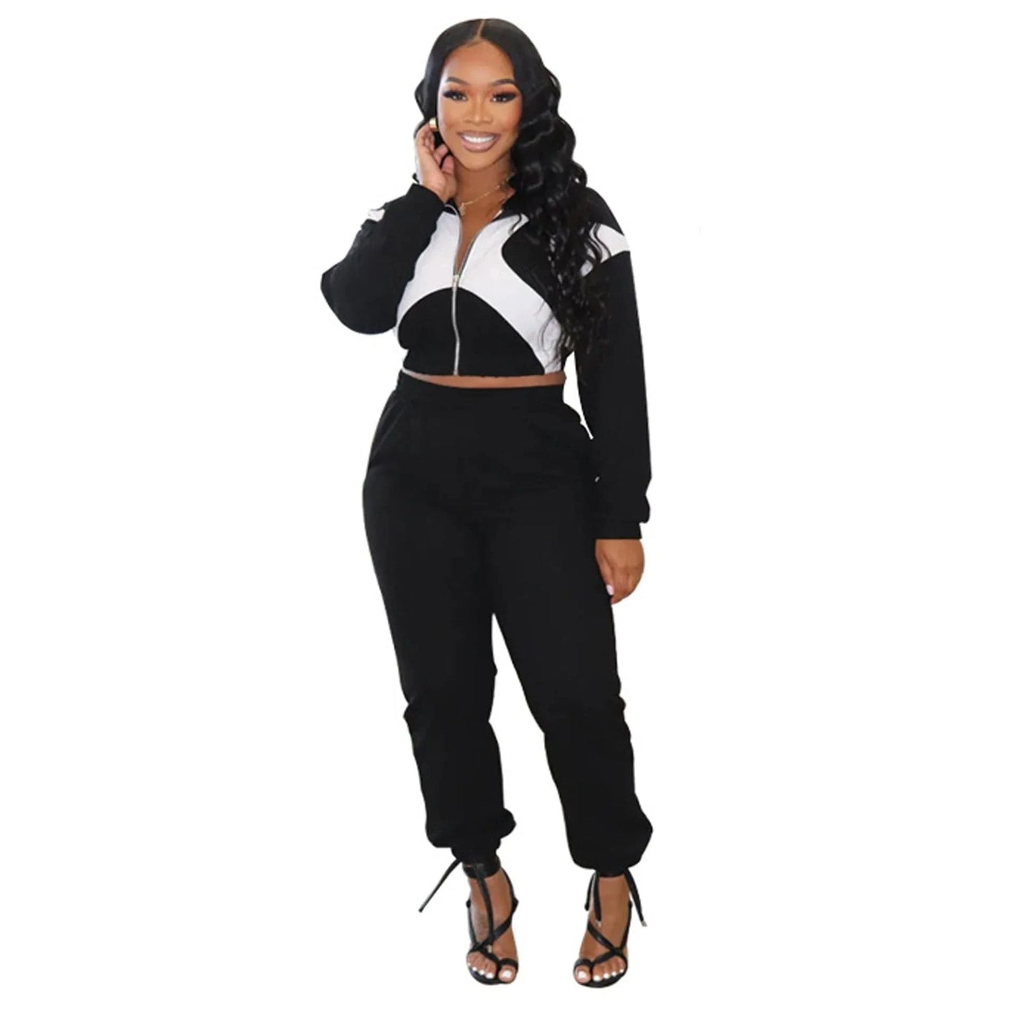 S / Black New Active Wear Women Outfits Set 2024 Patchwork Long Sleeve Jacket and Jogger Pants Suit 2 Two Piece Sets Tracksuit