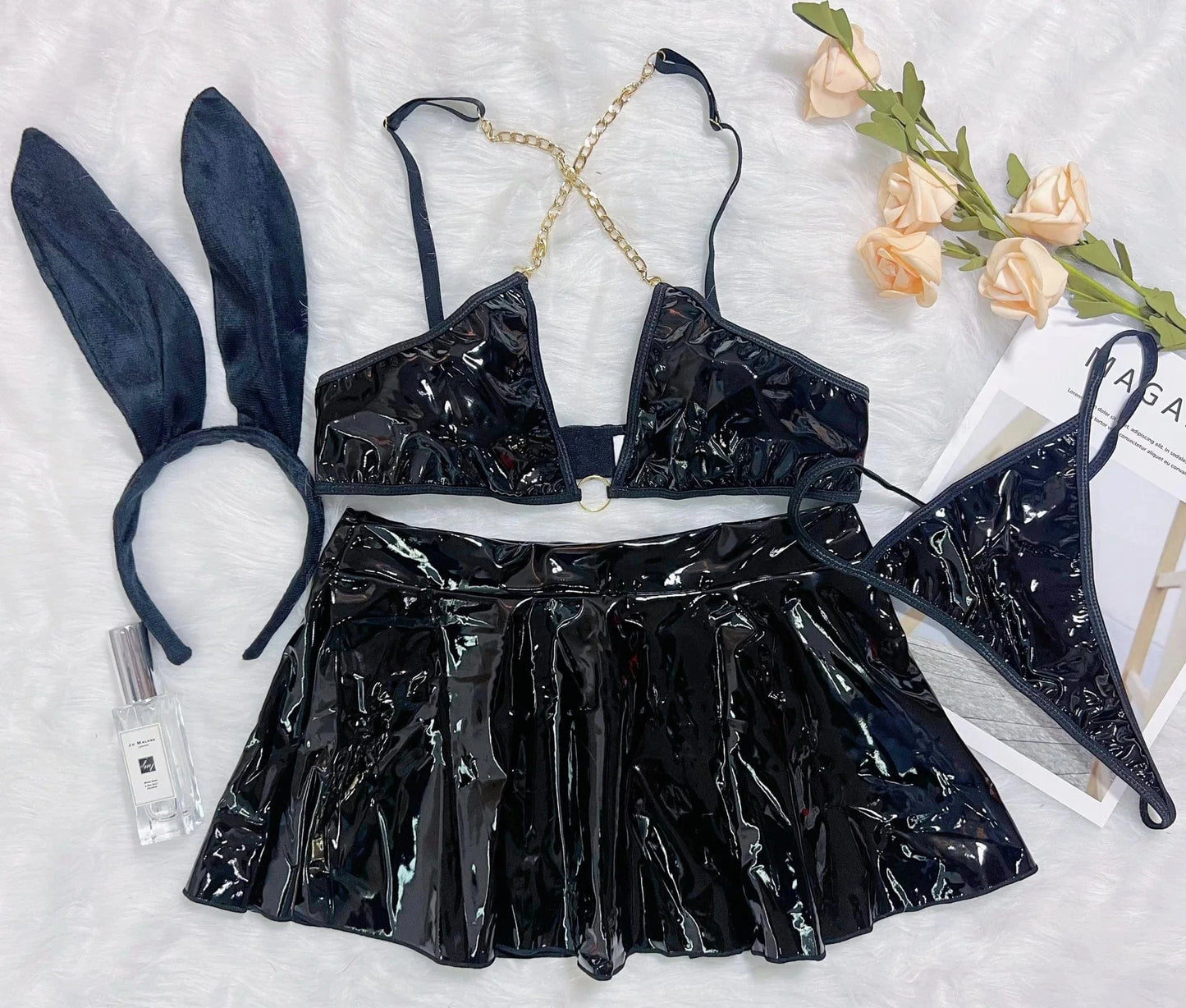 S / Black New Arrivals Bra Set Sexy Underwear Solid Color PU Leather Uniform Rabbit Ear Headband Sexy Two Piece Set Metal Chain Nightclub