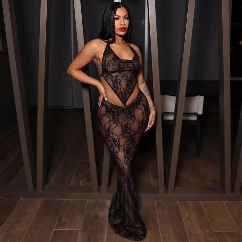 S / Black New arrivals fashion design beachwear maxi dresses lace sexy summer two piece skirt set