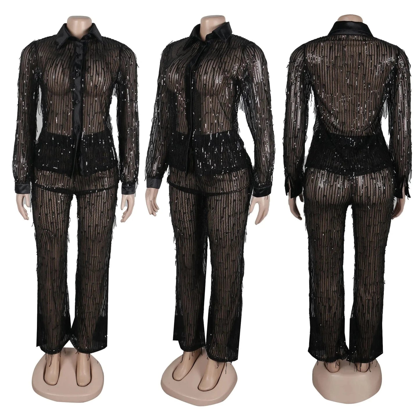 S / Black New arrivals ready to ship boutique trendy popular tassel sequin blouses two piece pants set