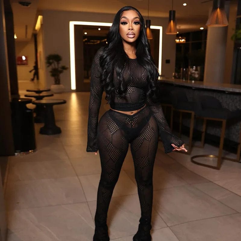S / Black Night Out Outfits Two Piece Pet Women Clothing Sexy See Through Night Wear 2 Piece Sets Women Spring Club Wear Sexy