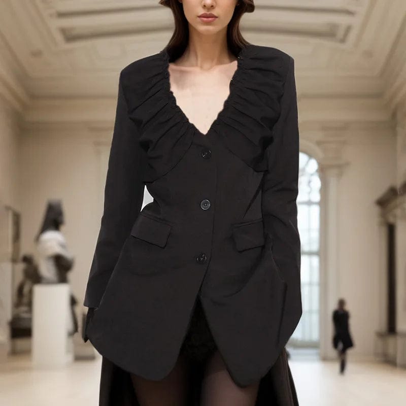 S / Black OUDINA 2024 New Style Pleated Blazers Ladies Women V-neck Waist Long Sleeve Temperament Casual Blazer De Mujer