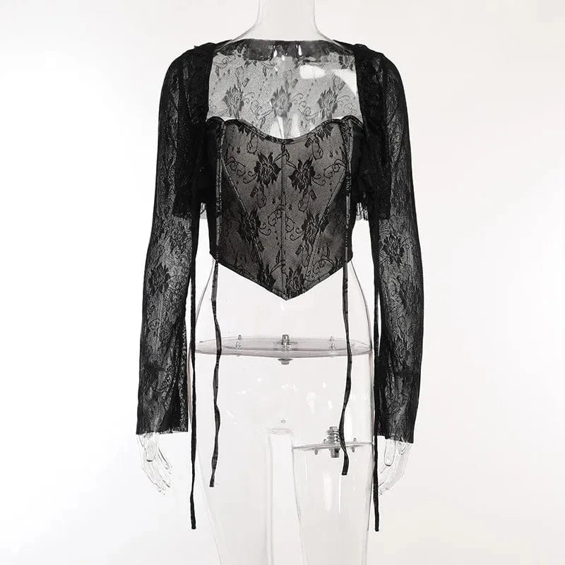 S / Black / Polyester / Cotton Summer Spring 2024 Ladies Strapless Tube Top Sexy Lace Corset Tops+Long Sleeve Cardigan For Women