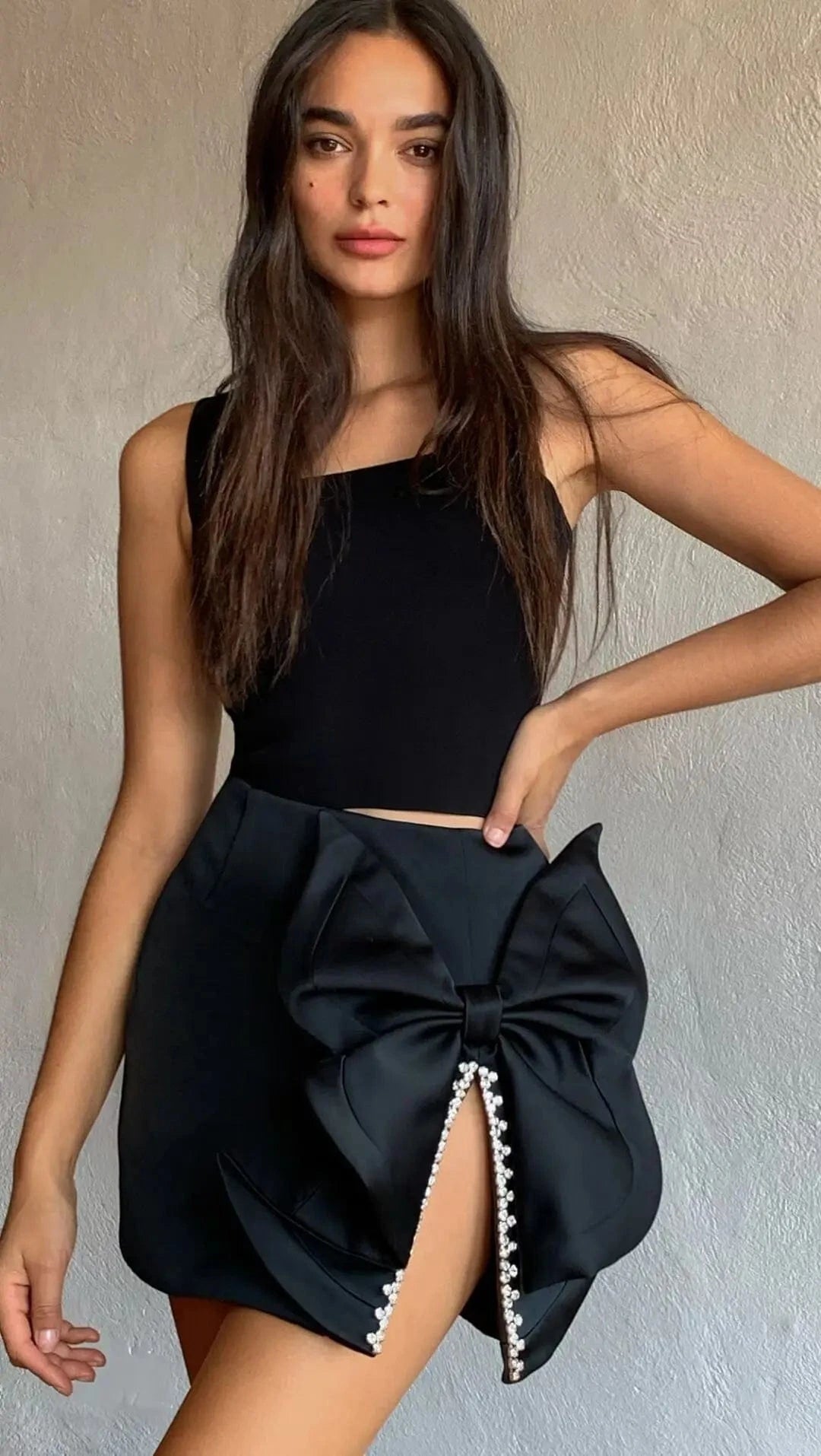 S / Black Popular Sky Blue Black Micro Bow-knot Decoration Satin Split Womens Mini Skirt