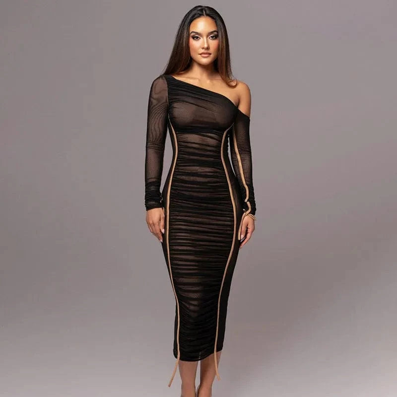 S / Black RNSHANGER Diagonal Collar Long Sleeve Midi Dress For Women Two Layer Mesh Backless Ruched Bodycon Club Party Sexy Long Dress