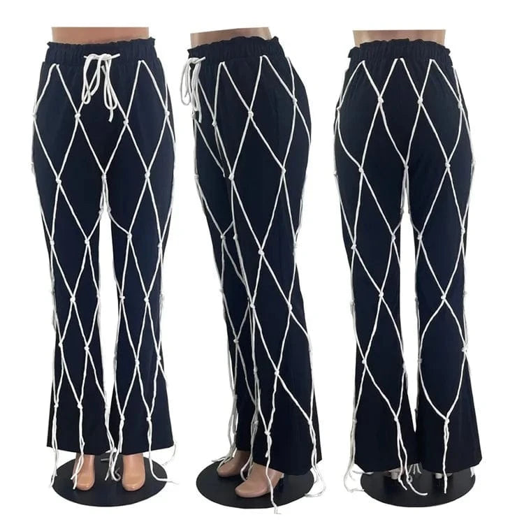S / Black Rope Spliced Women Flare Pants Draw String Pockets 2024 Fashion Streetwear Y2K Daily Causal Slim Ankle-Length Bottoms