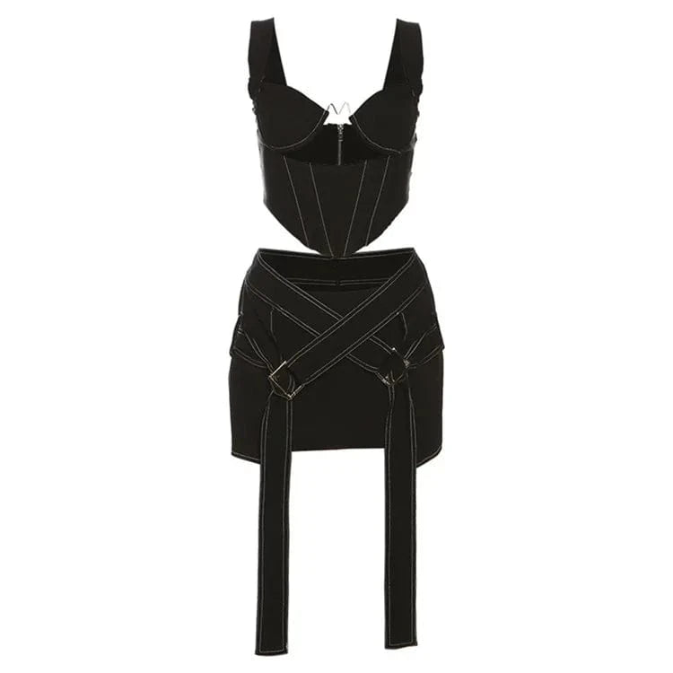 S / Black Sexy Black Bodycon 2 Two Piece Skirt Sets Night Club Outfits For Women 2024 Spring Hollow Out Tank Tops Mini Skirt Sets