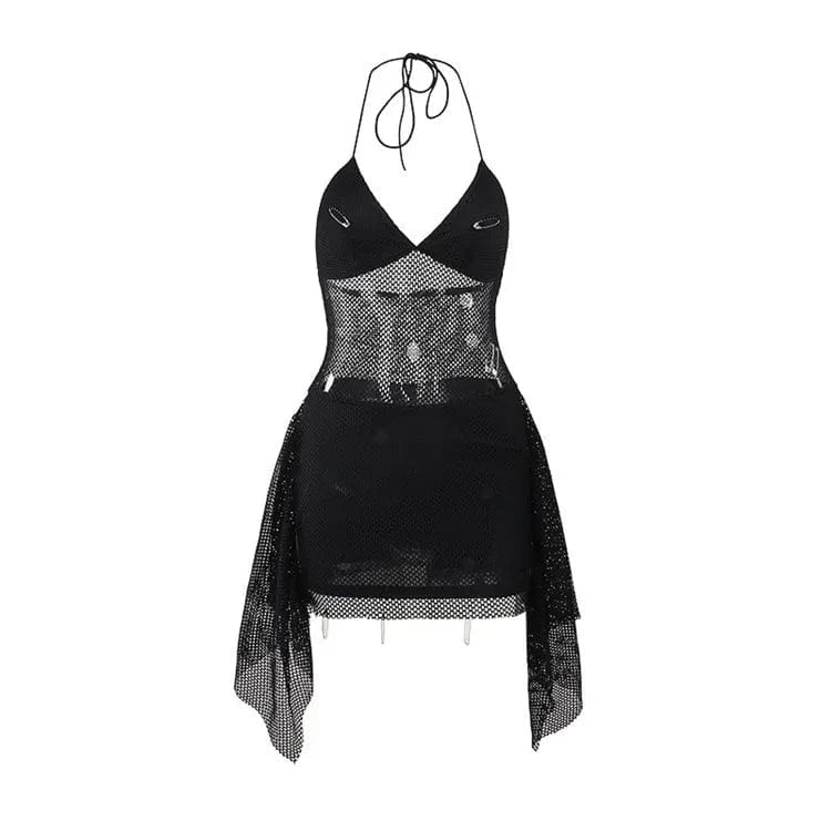 S / Black Sexy Black Hollow Out Pin Decoration Mini Dress Baddie Outfits Woman 2024 Spring Halter V Neck Backless Party Club Dress