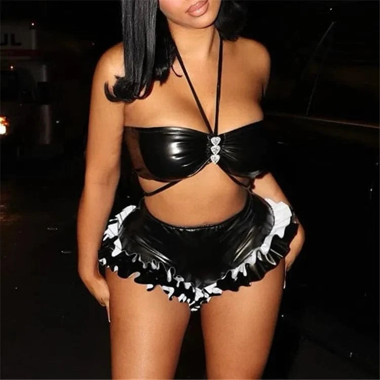 S / Black Sexy Love Diamond Bikini Halter Neck Wrap Chest Pu Leather High Waist Shorts Ruffle Set Summer Beach Set