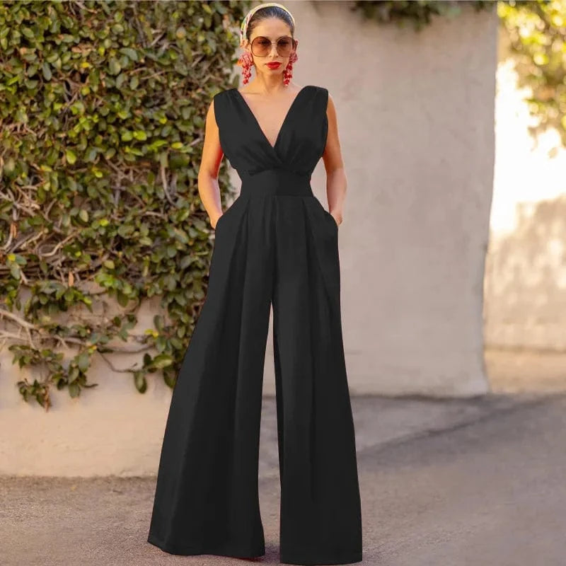 S / Black Sleeveless Jumpsuit V Neck Elegant for Womens Dressy Casual 2024 One Piece Romper Outfits