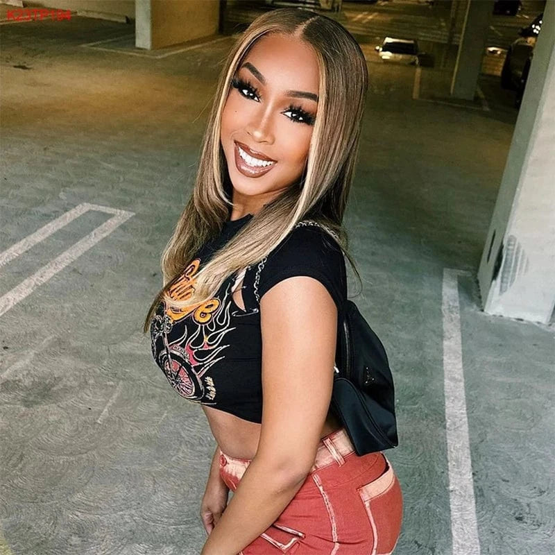 S / Black / Spandex / Polyester Bomblook K23TP194 Summer Sleeveless Crop Top Graphic T Shirts Vintage T Shirt Puff Print T Shirt