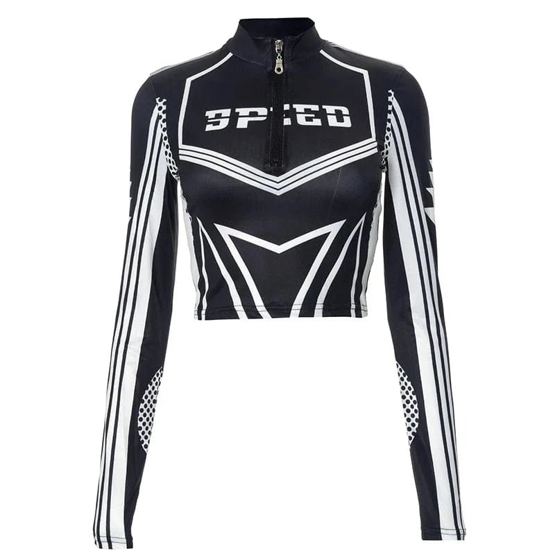 S / Black / Spandex / Polyester Bomblook Q23TP624 2024 Spring Motor Print Sexy Zipper Crop Top Women Streetwear Ladies Casual Y2K Patchwork Top