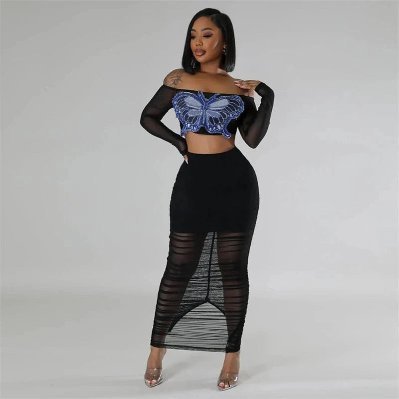 S / Black summer 2024 women ladies sexy beach mesh sheer two 2 piece butterfly crop top and long skirt bodycon set for women with skirt