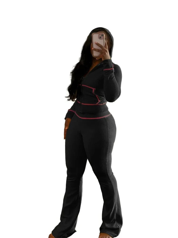 S / Black Waffle Texture Striped Women's Set Hooded Tops+Flare Pants Suits 2024 Autumn Casual Street Baddie 2 Piece Sets