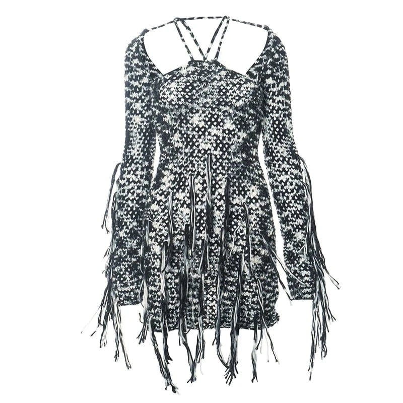 S / Black white Bomblook K23DS590 2024 Spring Slim New Design Dress Club Halter Dress With Cardigan Mini  Real Knit Patchwork Dress With Tassels