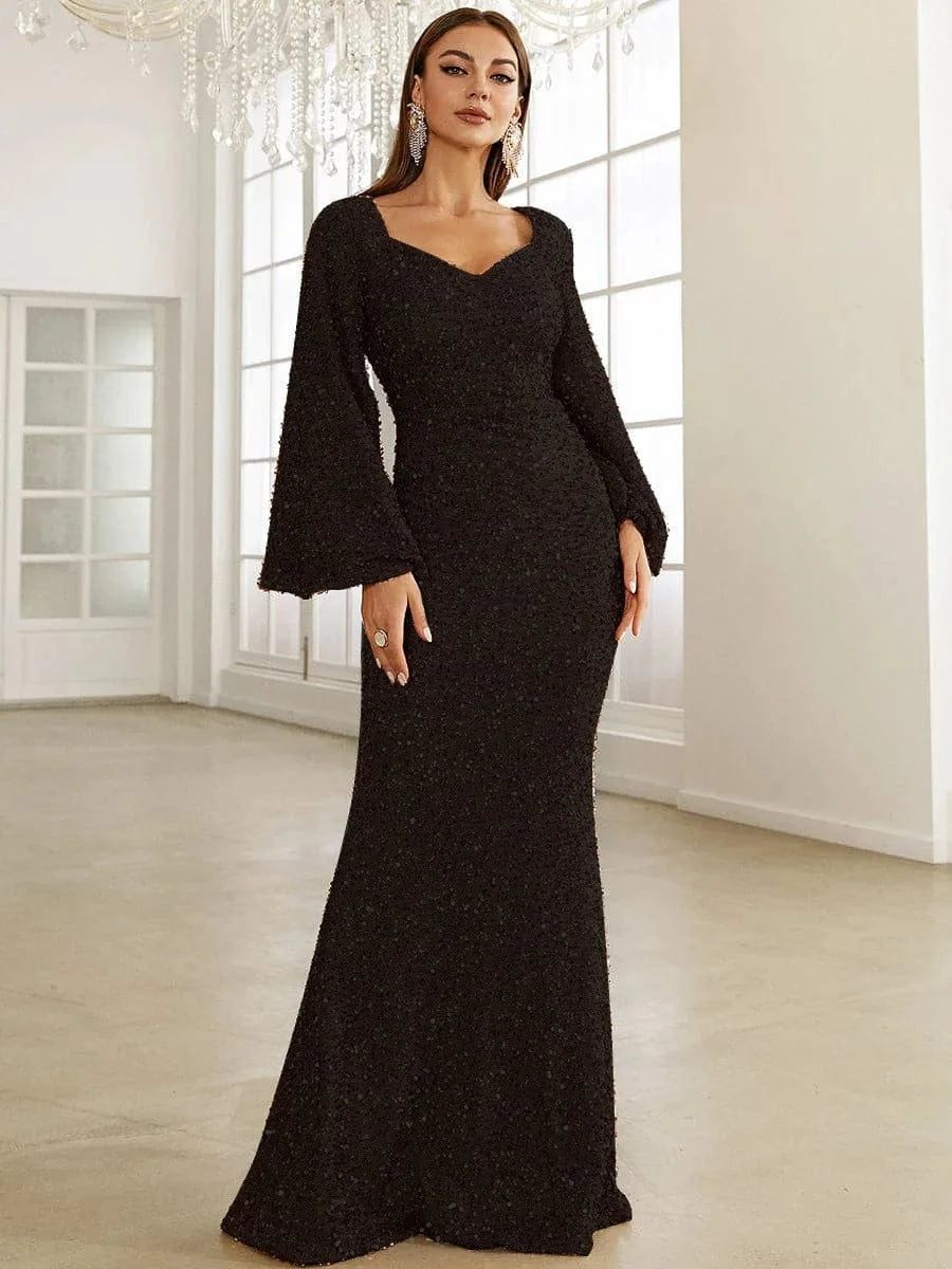 S / Black Wholesale Casual Long  dress elegant women floor-length v-neck a line dress with sleeves women floor-length sequin dresses