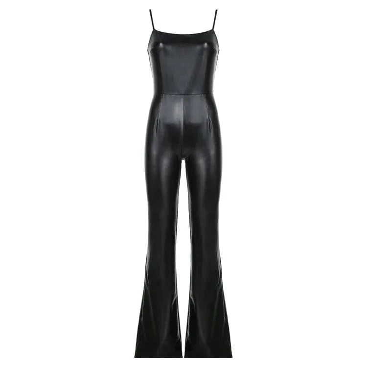 S / Black Women 2024 Fashion Spaghetti Strap Faux Leather PU Flare Sexy Party Jumpsuit INS Street Romper One Piece Playsuit