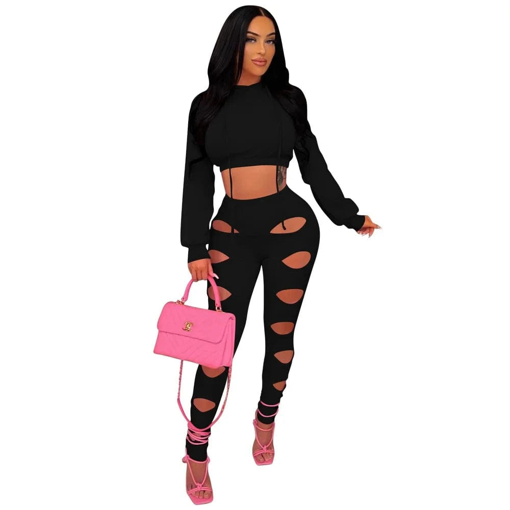S / Black Women Crop Top Sweatshirts Shirts and Pants Set Long Sleeve 2 Piece Sets Women 2022 Pant Set Cut Out Joggers