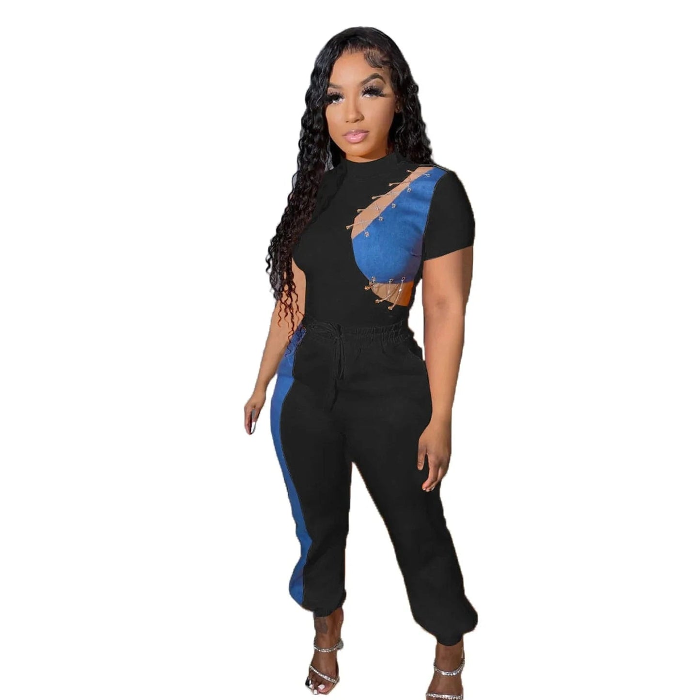 S / Black Women Going Out Outfits Spring Patchwork Jeans 2 Piece Pants Set Women Set Hollow Out Two  Piece Women