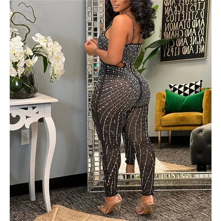 S / Black Women Summer Patchwork Hollow Out Rhinestones Sleeveless Tight Clubwear Sexy Overalls