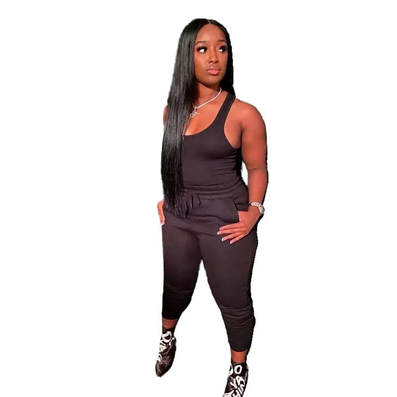 S / Black Womens 2 Piece Terry Jogger Set Tank Top Two Piece Sweat Pants Summer Cotton Jogger Sets Women Plain