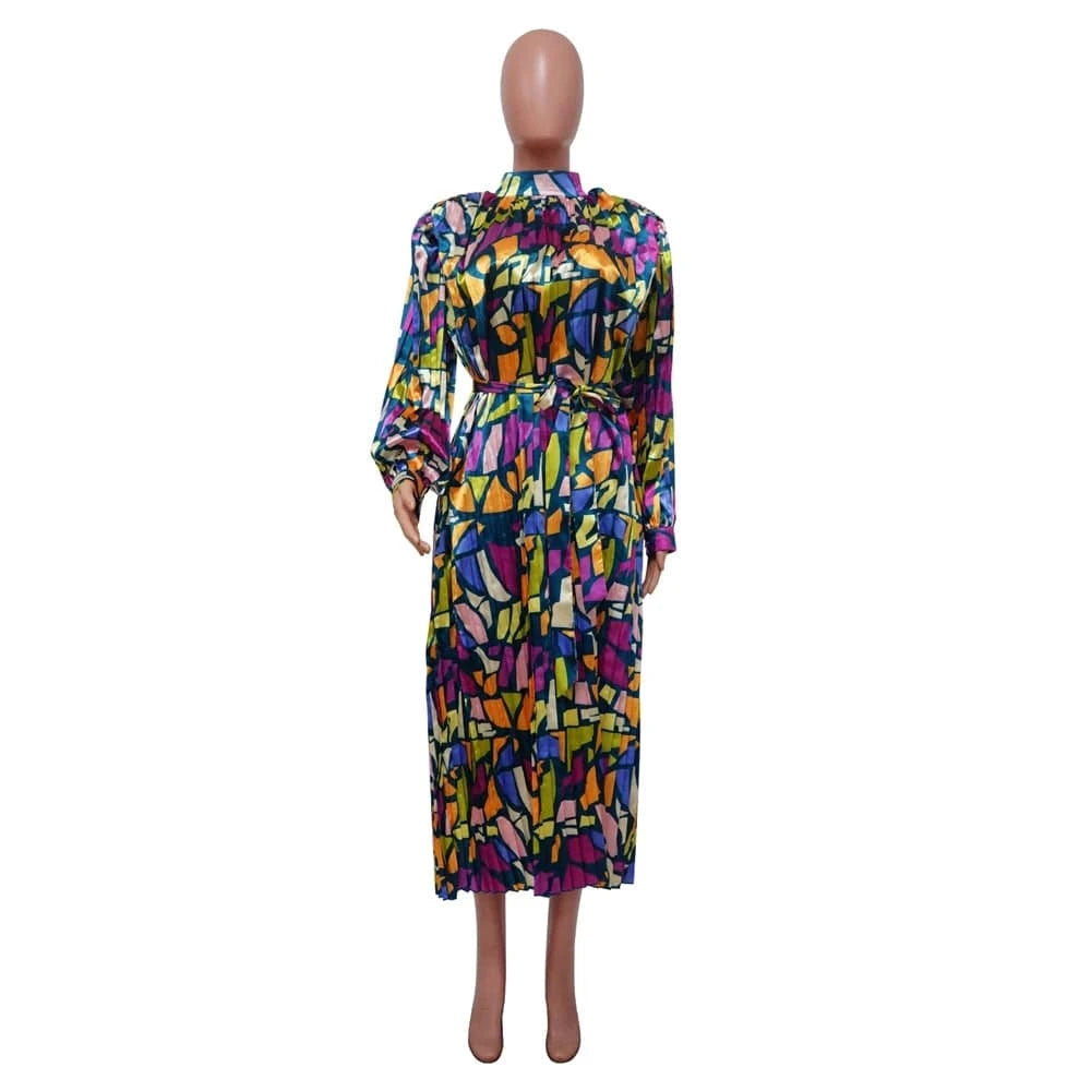 S / Black ZHEZHE 2024 New Trendy Fashion Printed Long sleeve Pleated Dress Elegant Fall Women's Dresses Printed African Dress