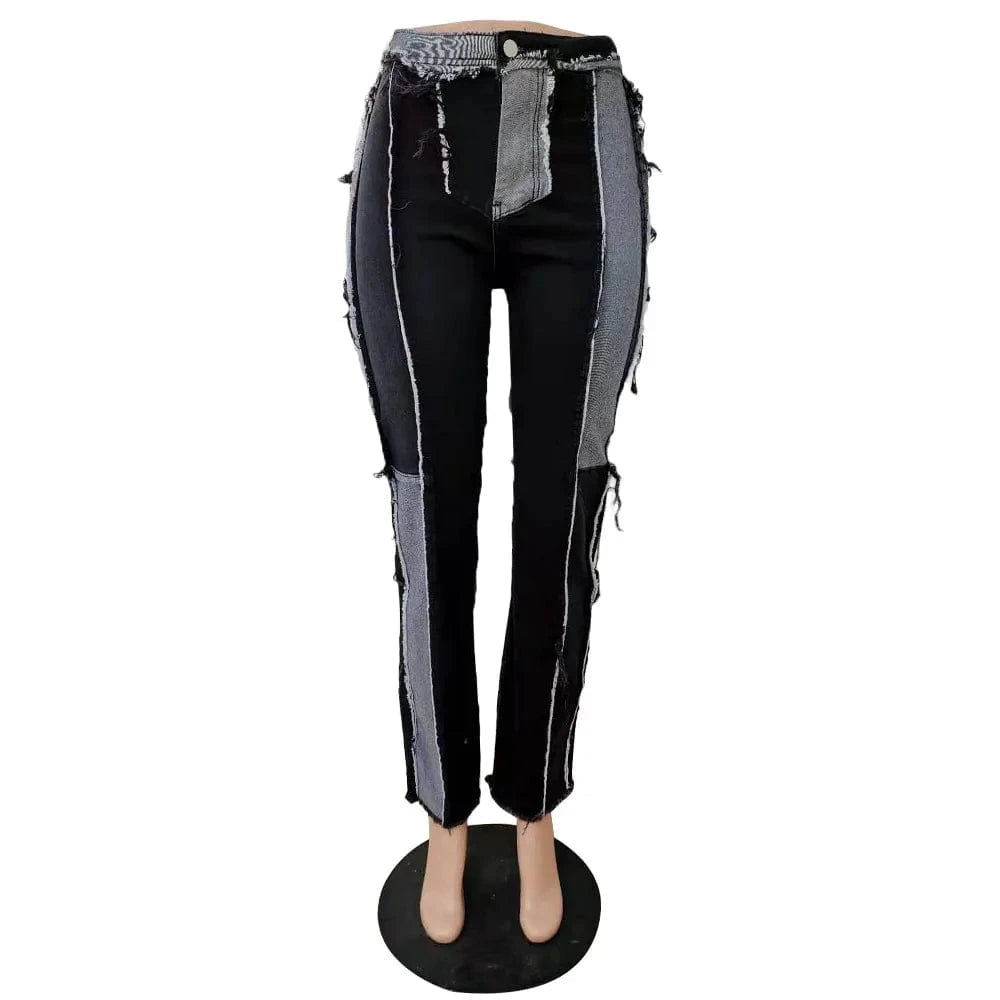 S / Black ZHEZHE 2024 Winter New Arrival High Street Low Waist Ladies Jeans Boy Friend Trousers Denim Patchwork Jeans Women