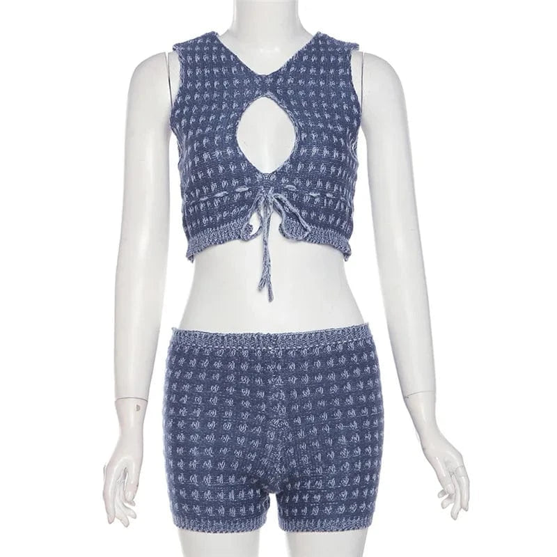 S / Blue 2024 Casual Knit Women's Short Set Loungewear Two Piece Shorts Set
