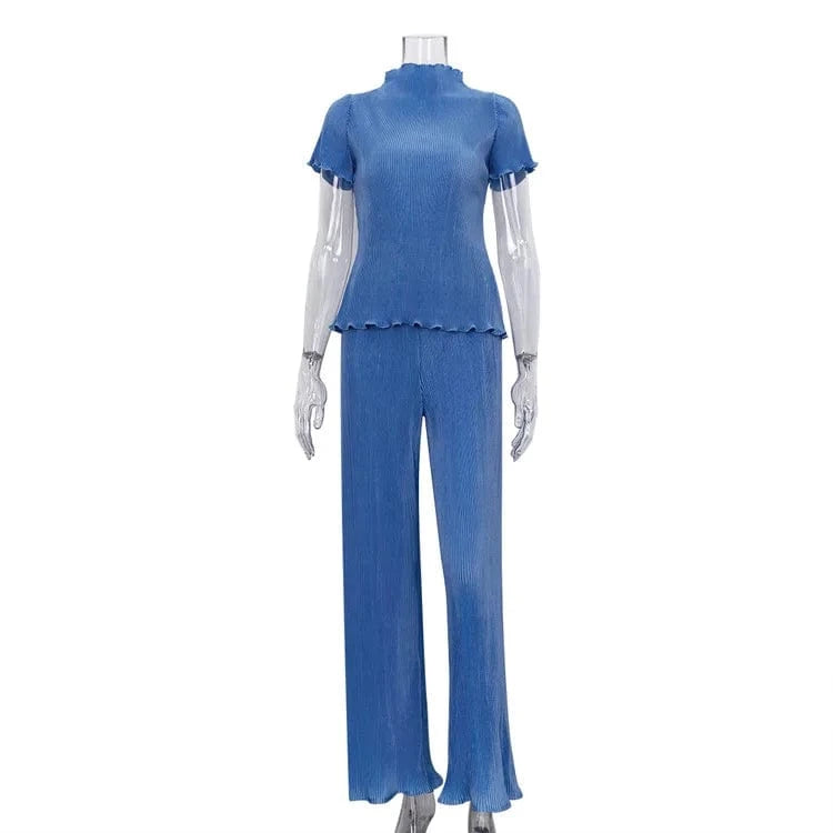 S / Blue 2024 Hot Selling Summer Casual Loose Pleated Outfits 2 Piece Set Crop Top Matching Set Women Wide Leg Pants Two Piece Set