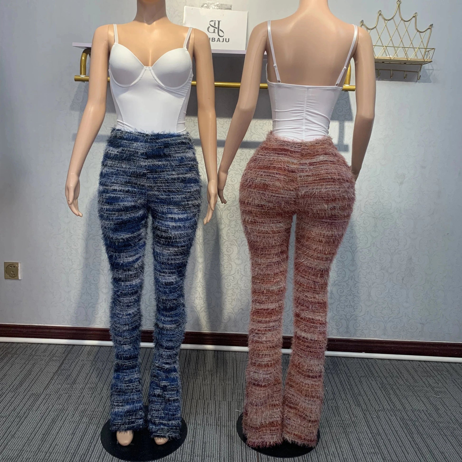 S / Blue 2024 Ins Hot Style Fashion Women 2 Piece Set Bodycon White Body Shaper + Furry High Waist Pile Up Pants Lady Sets