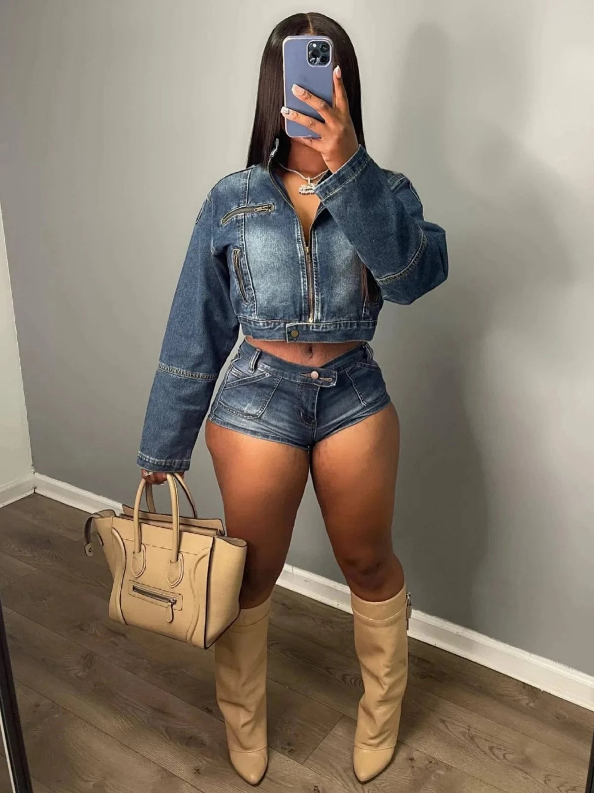 S / Blue 2024 New Arrival Fashion 2 Piece Outfits Zipper Long Sleeve Crop Jean Jacket and Denim Shorts Women Two Piece Denim Sets