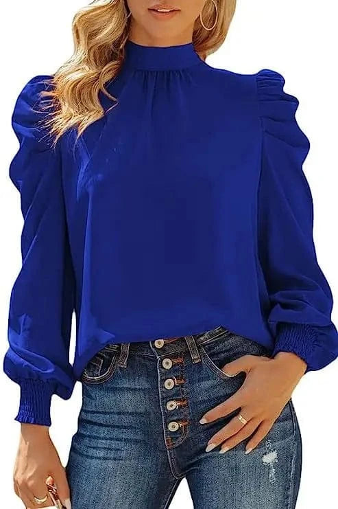 S / Blue 2024 New European and American Lace-up Leg of Lamb Sleeve Loose Long Sleeve  Spring and Autumn Women's Shirt